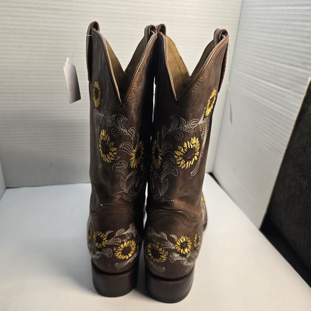Shyanne Womens Sunflower Embroidered Brown Leather Square Toe Western Boots 9.5B - Picture 4 of 6